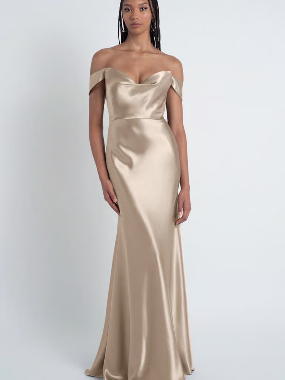 Jenny Yoo One-Shoulder Satin Gown in Champagne